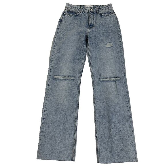 Zara Women's Y2K Distressed High Rise Crop Fray Hem Acid Wash Jeans Size 6 Blue - Picture 1 of 11